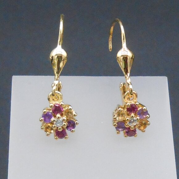 Earrings, Multi Gemstone Floral in 18K Vermeil Yellow Gold Over Sterling - Picture 3 of 8